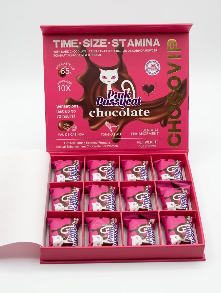 Pink Pussycat Chocolate Power+ Chocovip - Vista interior de la caja con las 12 piezas envueltas