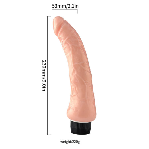 Vibrador realista 21 cm con medidas 53mm x 230mm y peso 220g