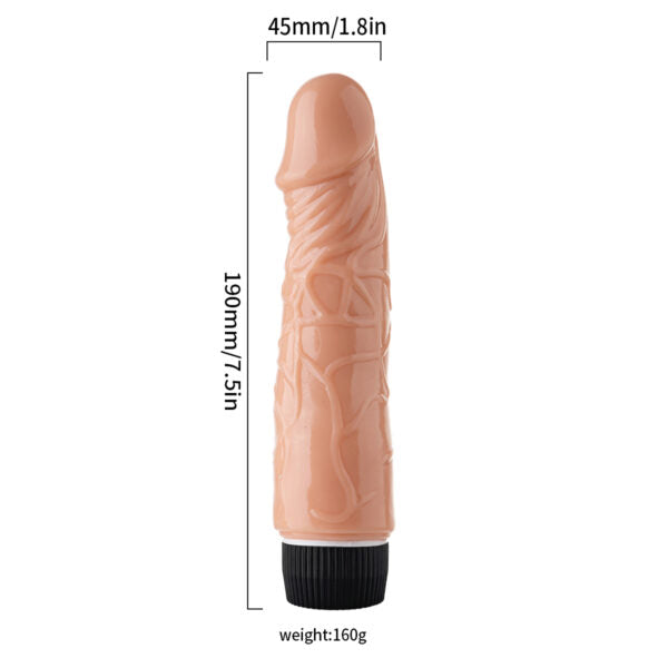 Vibrador realista recargable USB con medidas: 190 mm de largo y 45 mm de diámetro, peso 160 g