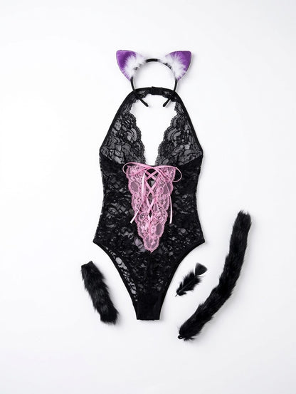 Disfraz de gatita con body negro y diadema