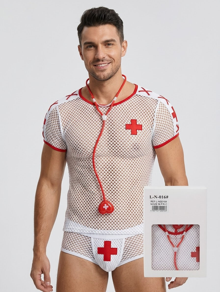 Disfraz de enfermero para hombre blanco con rojo, 2 piezas, unitalla
