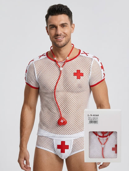 Disfraz de enfermero para hombre blanco con rojo, 2 piezas, unitalla
