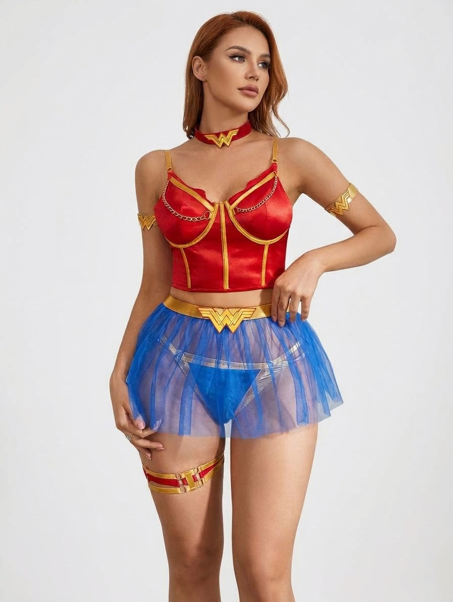 Conjunto de lencería estilo heroína rojo y azul, talla L