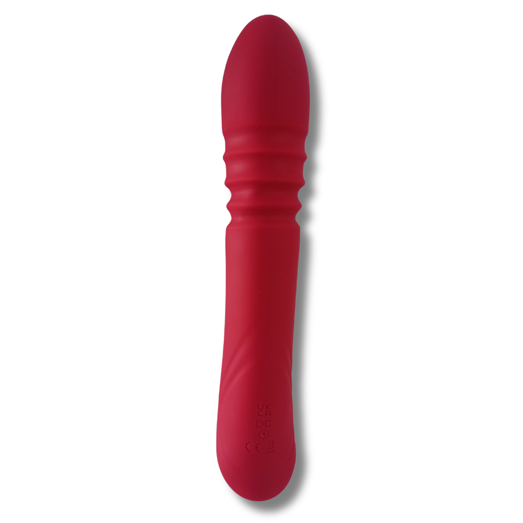 Detalle de vibrador en silicona premium suave al tacto color rojo
