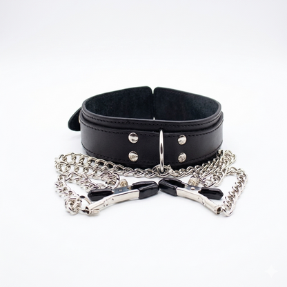 Collar de Cuero con Cadena y Pinzas Metálicas - Kit BDSM