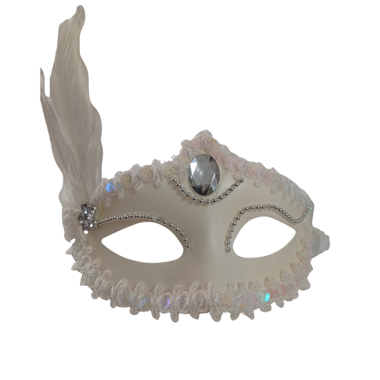 Antifaz Veneciano Blanco con Pluma y Cristal Unisex