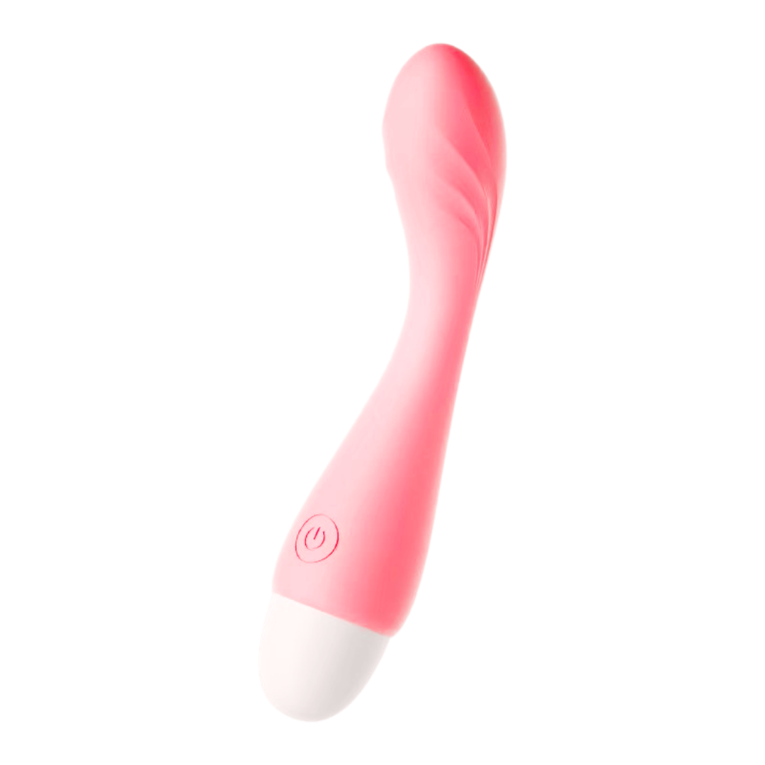 Mini vibrador recargable USB color rosa, vista frontal sobre fondo blanco
