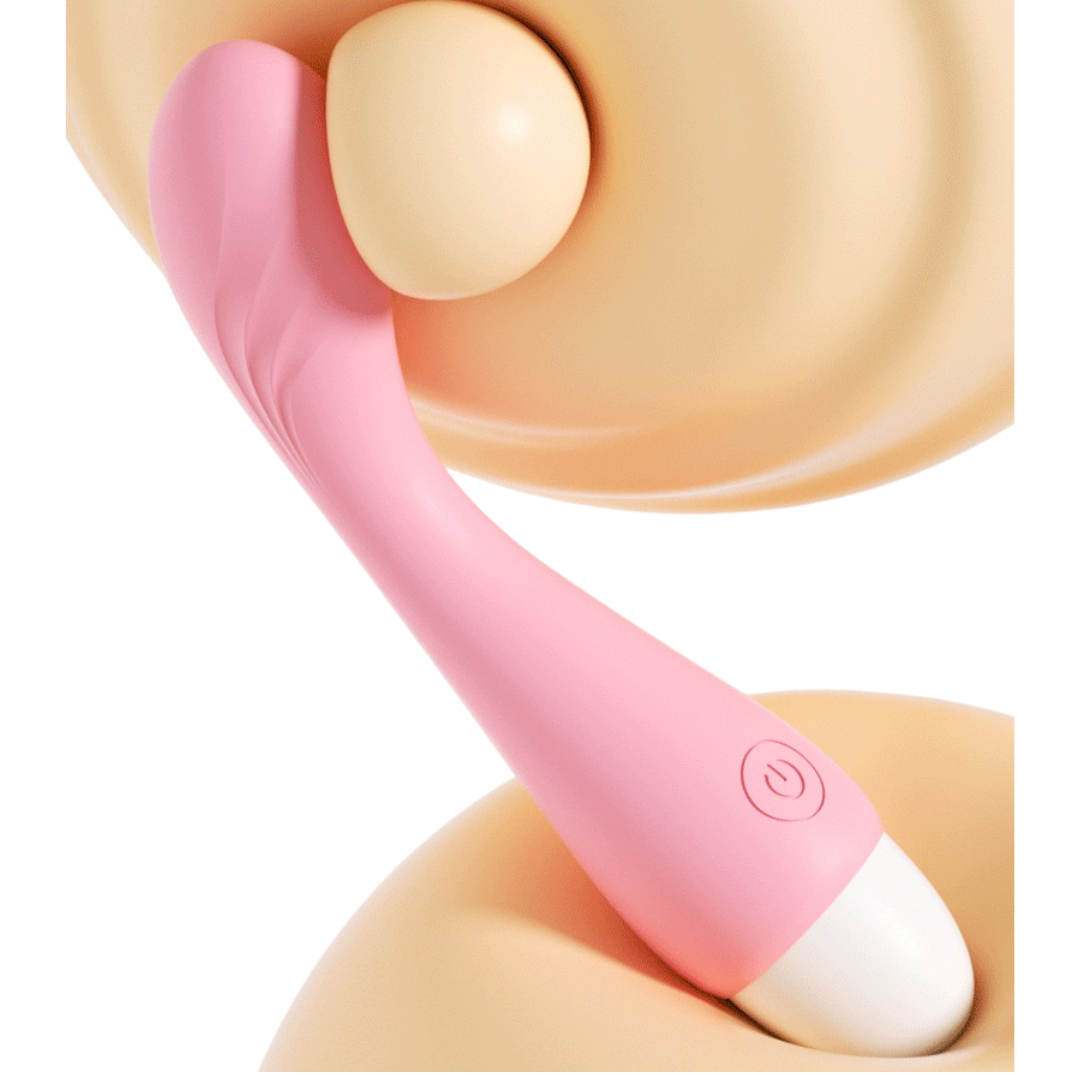 Mini vibrador recargable USB color rosa, detalle de cabezal curvo