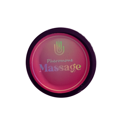 Vela de masaje Pheromone Massage Candle sabor fresa, vista lateral con tapa negra y etiqueta rosa