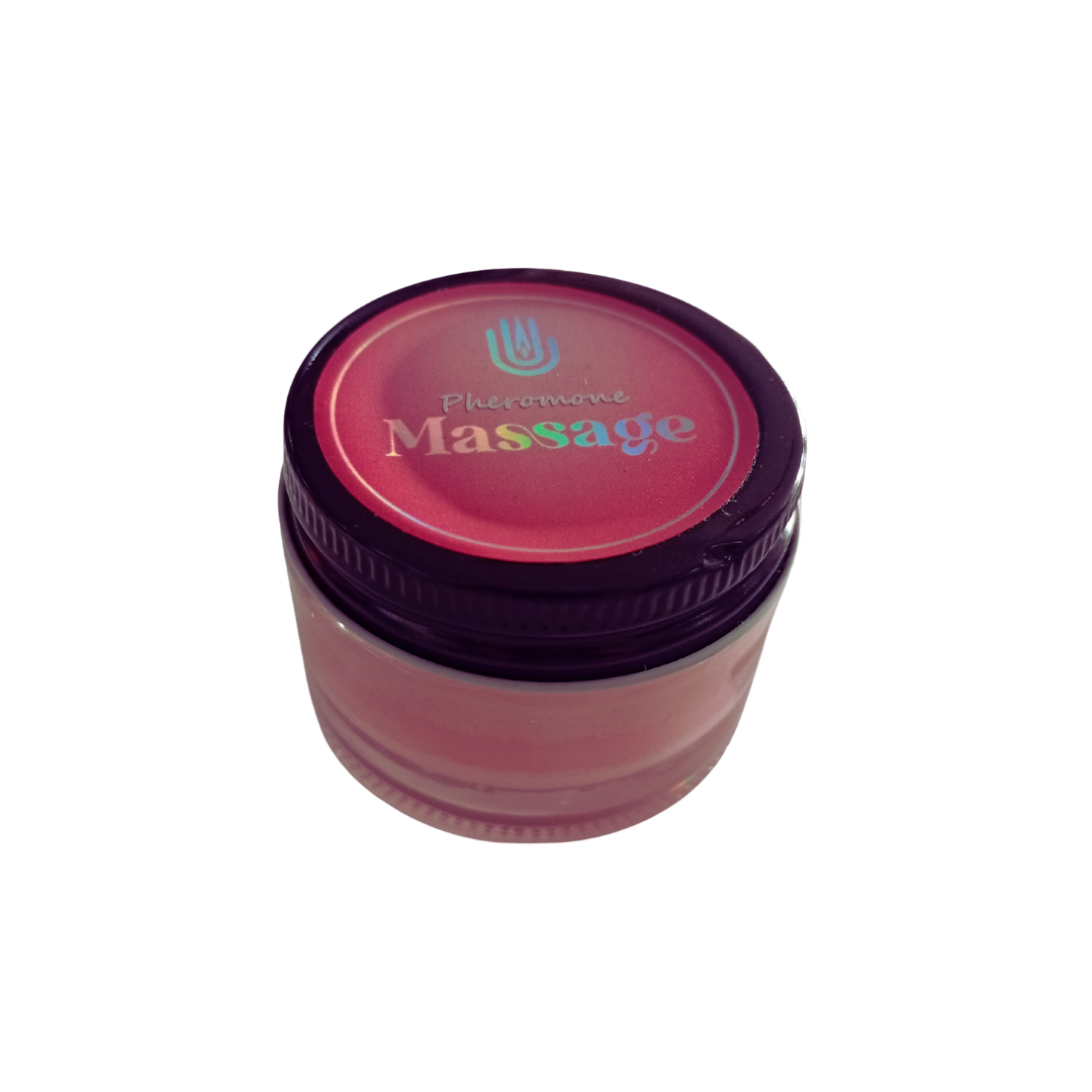Vela de masaje Pheromone Massage Candle, vista superior de la tapa con logo holografico rosa