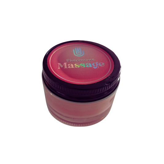 Vela de masaje Pheromone Massage Candle, vista superior de la tapa con logo holografico rosa