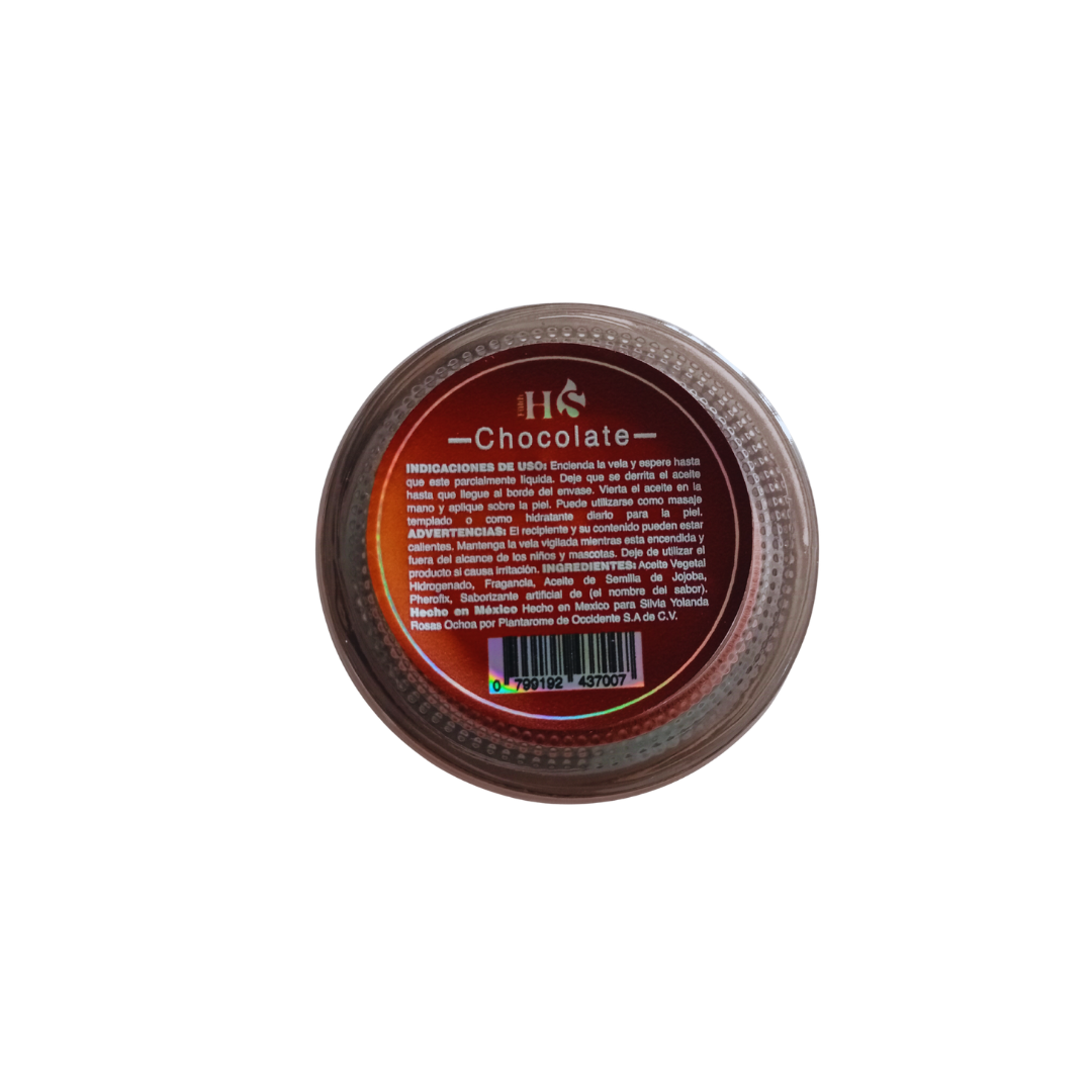 Vela de masaje Pheromone Massage Candle sabor chocolate, vista lateral con tapa negra y etiqueta café