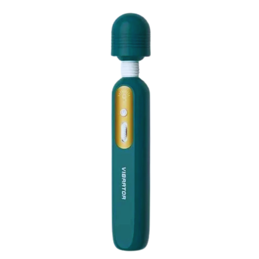 Masajeador tipo varita color verde con cabeza esférica flexible y panel dorado con regulador, vista frontal