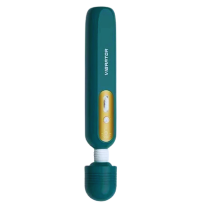 Masajeador tipo varita color verde, vista lateral invertida mostrando cabeza flexible y panel de control dorado