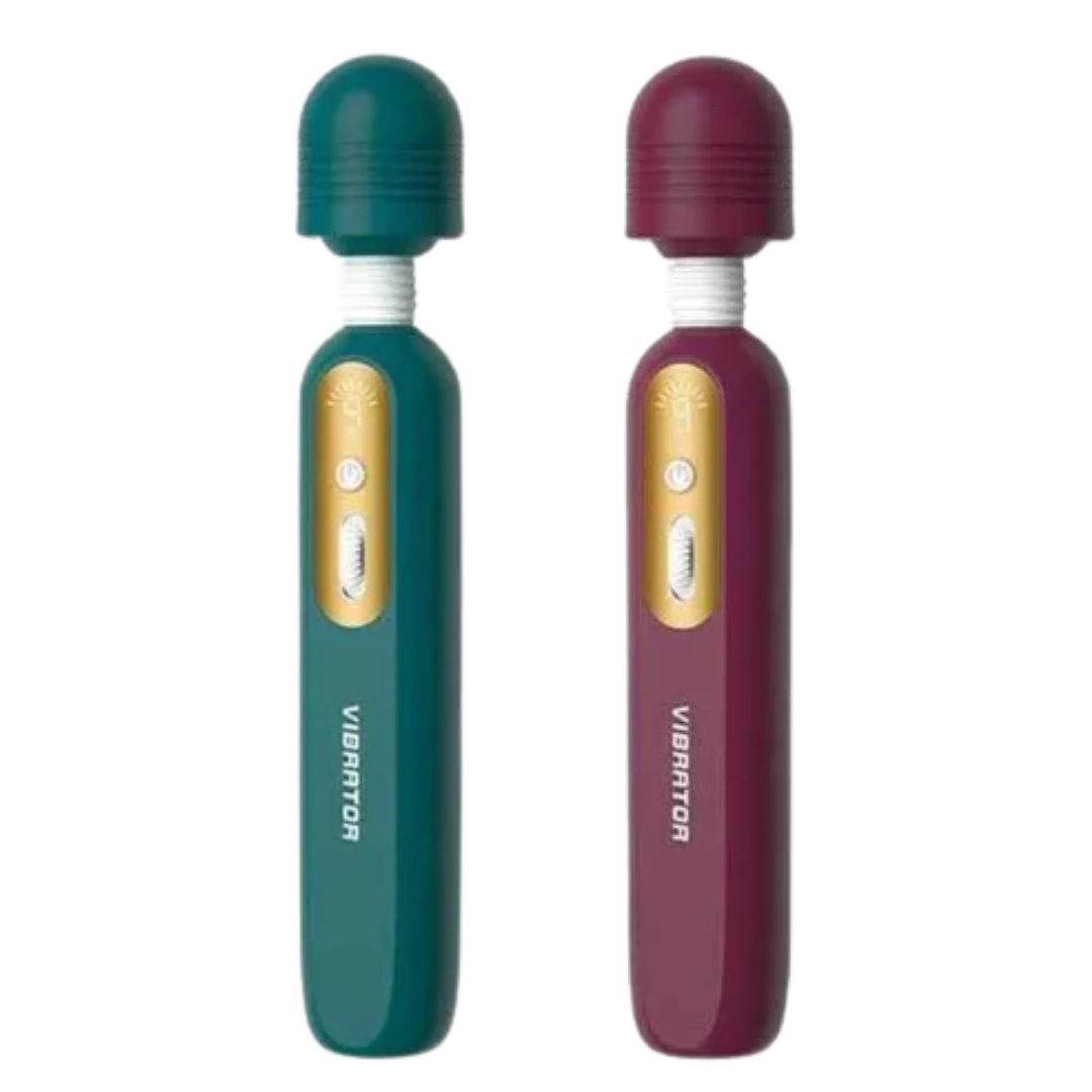 Masajeador tipo varita en colores verde y vino, vista comparativa frontal de ambas versiones