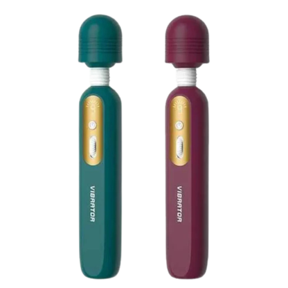 Masajeador tipo varita en colores verde y vino, vista comparativa frontal de ambas versiones