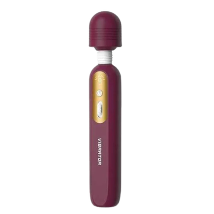 Masajeador tipo varita color vino con cabeza esférica flexible, vista frontal
