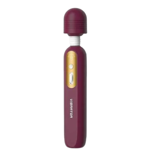 Masajeador tipo varita color vino con cabeza esférica flexible, vista frontal