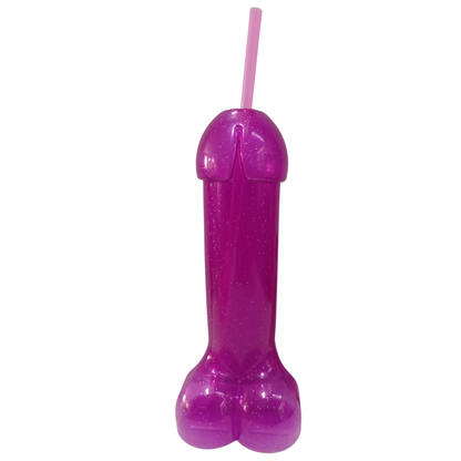 Vaso novelty de plástico color morado con popote rosa, accesorio para fiesta