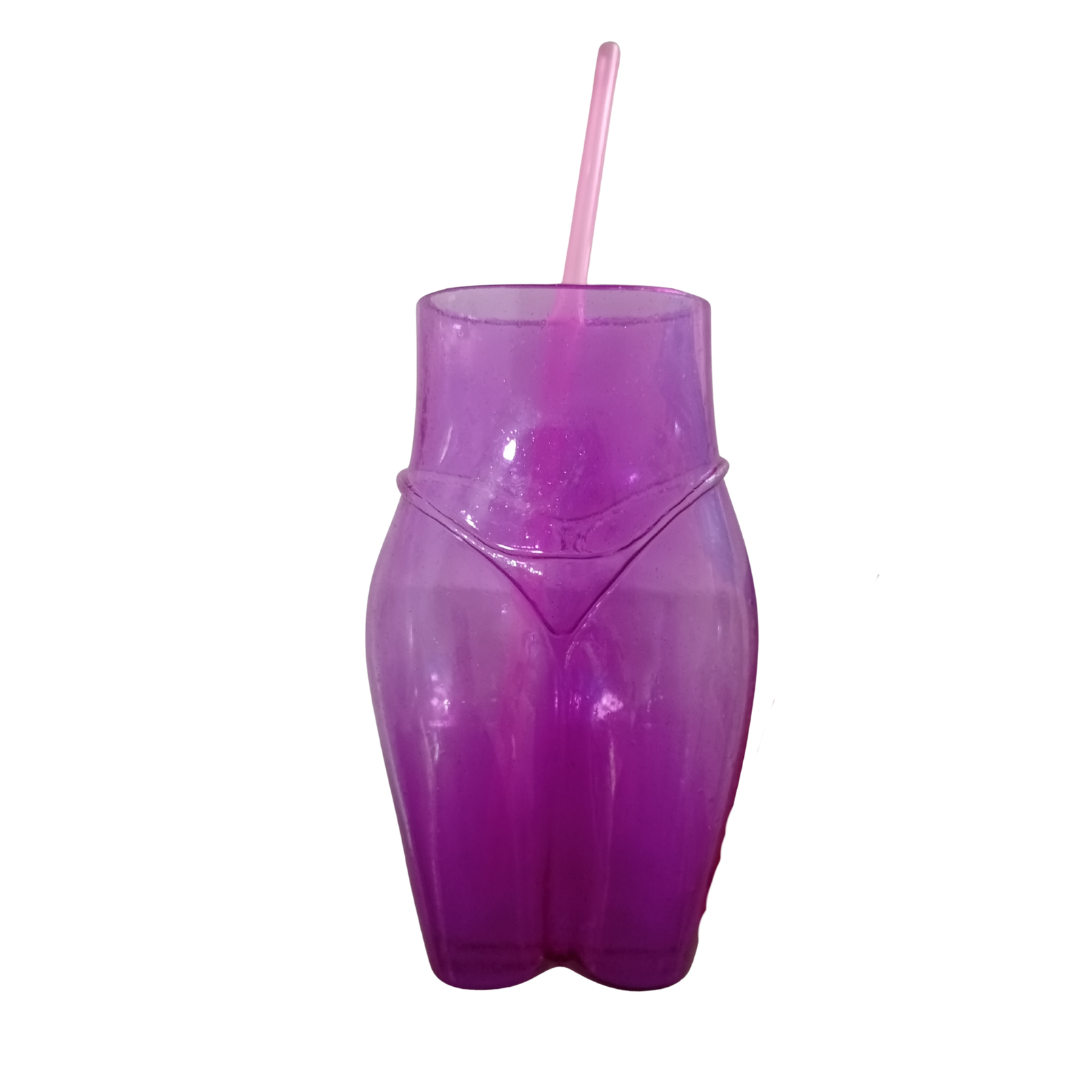Vaso silueta femenina de plástico color azul con popote, accesorio para fiesta