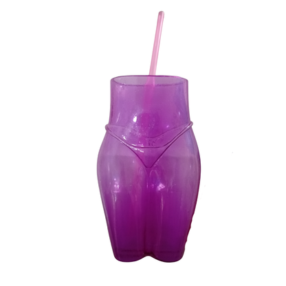 Vaso silueta femenina de plástico color azul con popote, accesorio para fiesta