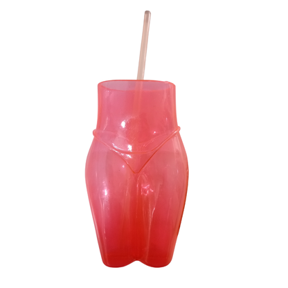 Vaso silueta femenina de plástico color morado con popote rosa, accesorio para fiesta