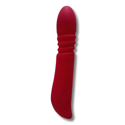 Vibrador ergonómico rojo con movimiento tipo pistón y diseño curvo en silicona premium