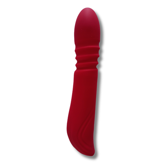 Vibrador ergonómico rojo con movimiento tipo pistón y diseño curvo en silicona premium
