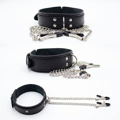 Collar de Cuero con Cadena y Pinzas Metálicas - Kit BDSM