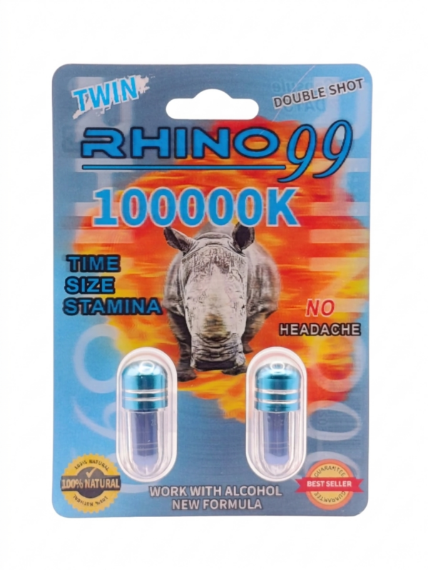 Rhino 99 100000K Twin Double Shot blister frontal con dos cápsulas azules