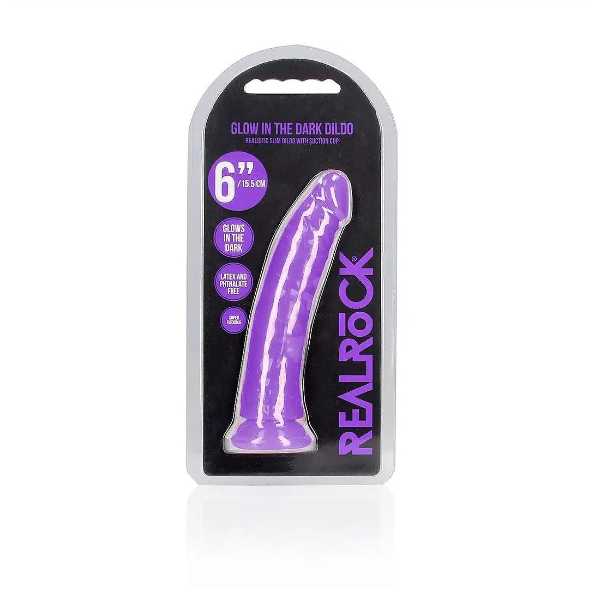 RealRock Glow morado flexible con ventosa, 15.5 cm insertables