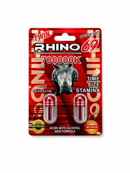 Rhino 69 700000K Twin Double Shot blister frontal con dos cápsulas rojas