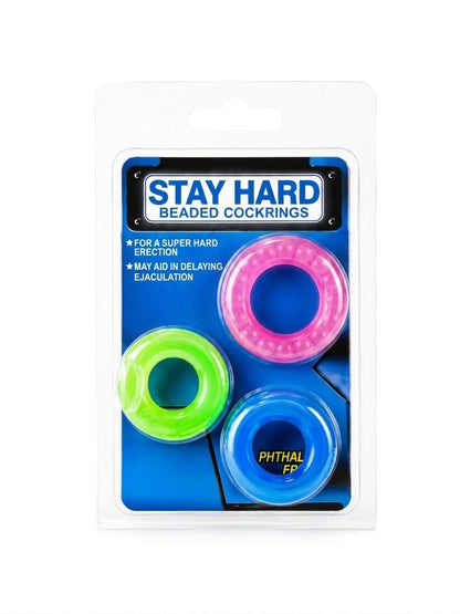 Set Stay Hard Beaded Cockrings - empaque blíster con 3 anillos en colores Rosa, Verde y Azul