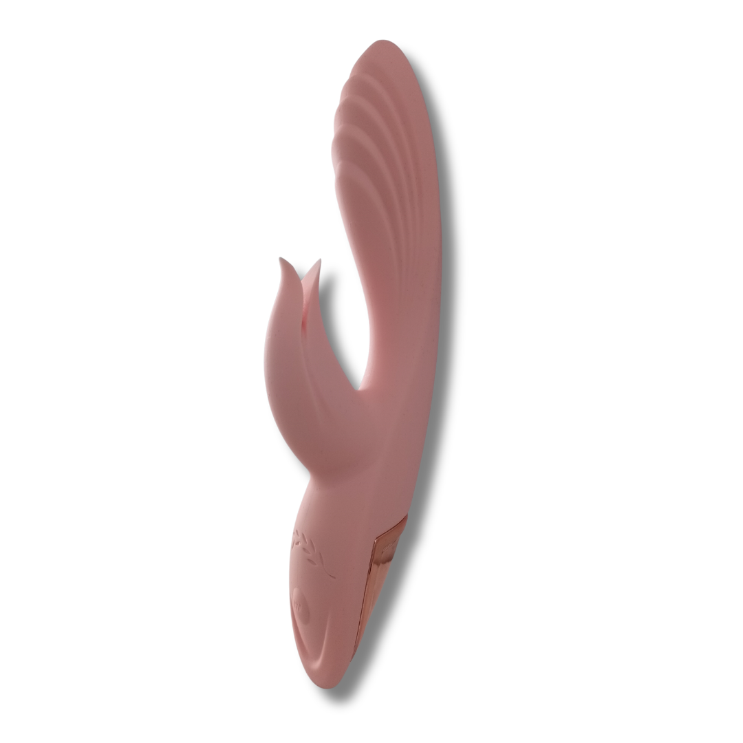 Vibrador de doble estimulación color rosa palo con diseño ergonómico y recarga USB en silicona premium