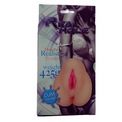 Masturbador Real Hole doble orificio vista lateral con especificaciones