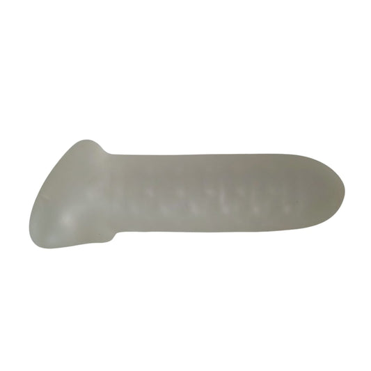 Funda extensora TPR transparente vista superior mostrando longitud y grosor