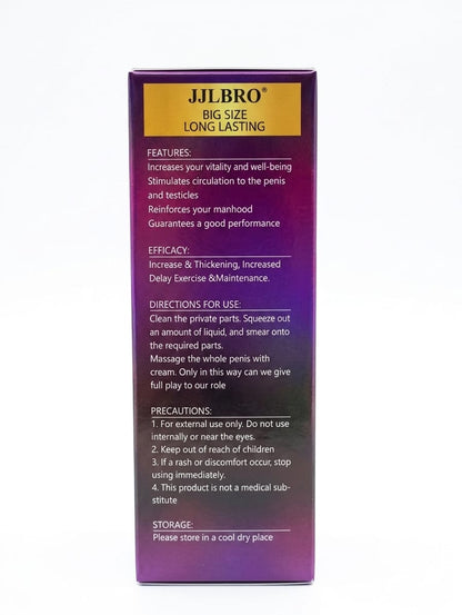 JJLBRO Crema de Cuidado Masculino XXL - reverso con instrucciones de uso