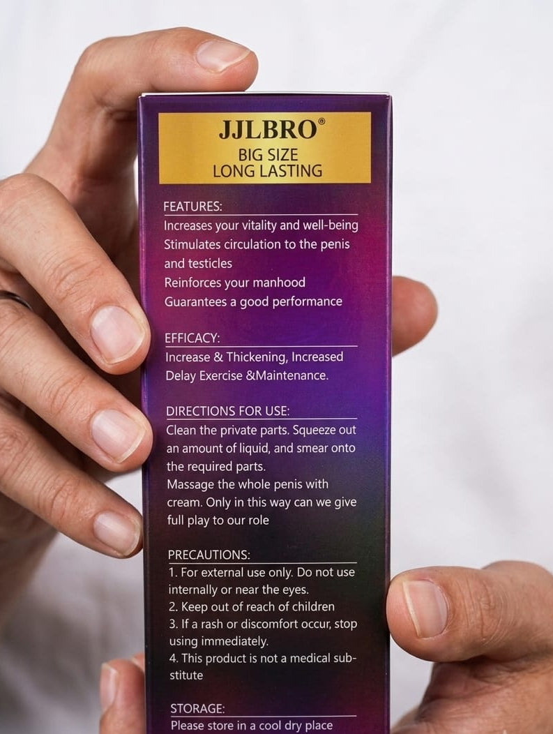 JJLBRO Crema de Cuidado Masculino XXL - reverso con caracteristicas y precauciones