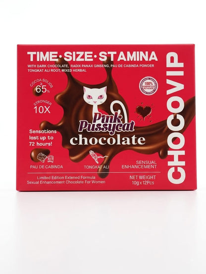 Pink Pussycat Chocolate Power+ Chocovip - Caja roja con informacion de ingredientes naturales