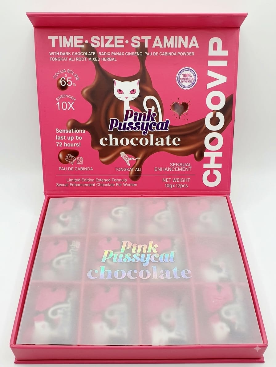 Pink Pussycat Chocolate Power+ Chocovip - Caja rosa abierta mostrando las 12 piezas individuales