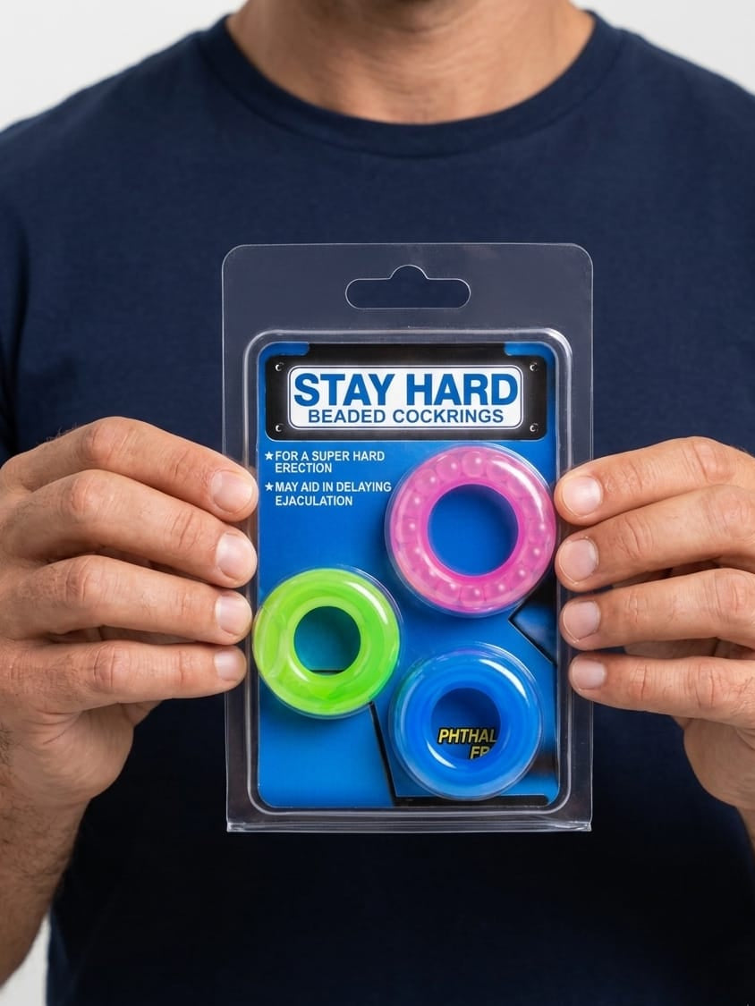 Hombre sosteniendo el empaque del set Stay Hard Beaded Cockrings