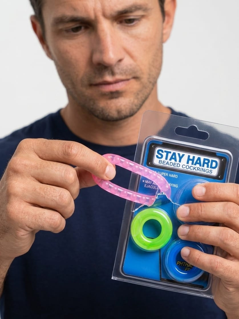 Detalle de flexibilidad del anillo rosa Stay Hard Beaded Cockrings