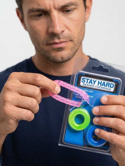 Detalle de flexibilidad del anillo rosa Stay Hard Beaded Cockrings