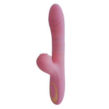 Vibrador telescópico color rosa claro, vista lateral con brazo estimulador