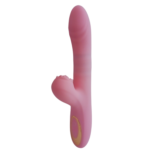 Vibrador telescópico color rosa claro, vista lateral con brazo estimulador