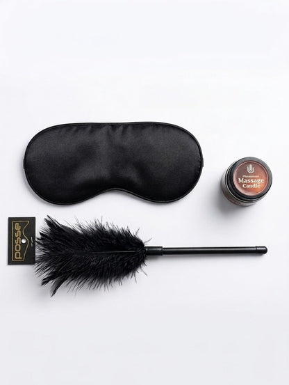 Kit Sensorial para Parejas - Antifaz, Vela de Masaje y Pluma