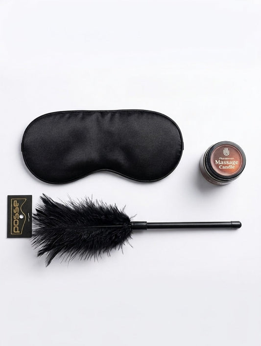 Kit Sensorial para Parejas - Antifaz, Vela de Masaje y Pluma
