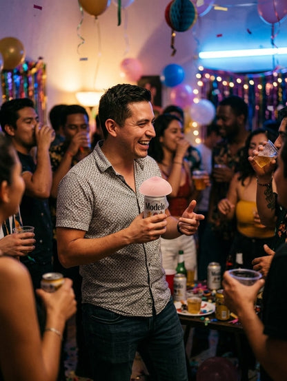 Persona usando la tapa broma sobre una lata de bebida en una fiesta