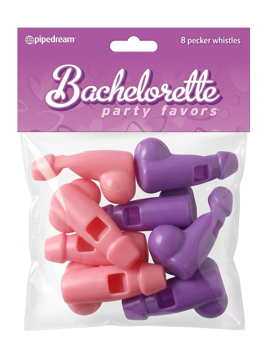 Paquete de 8 silbatos en tonos rosa y morado para fiesta