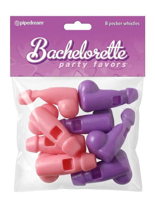 Paquete de 8 silbatos en tonos rosa y morado para fiesta